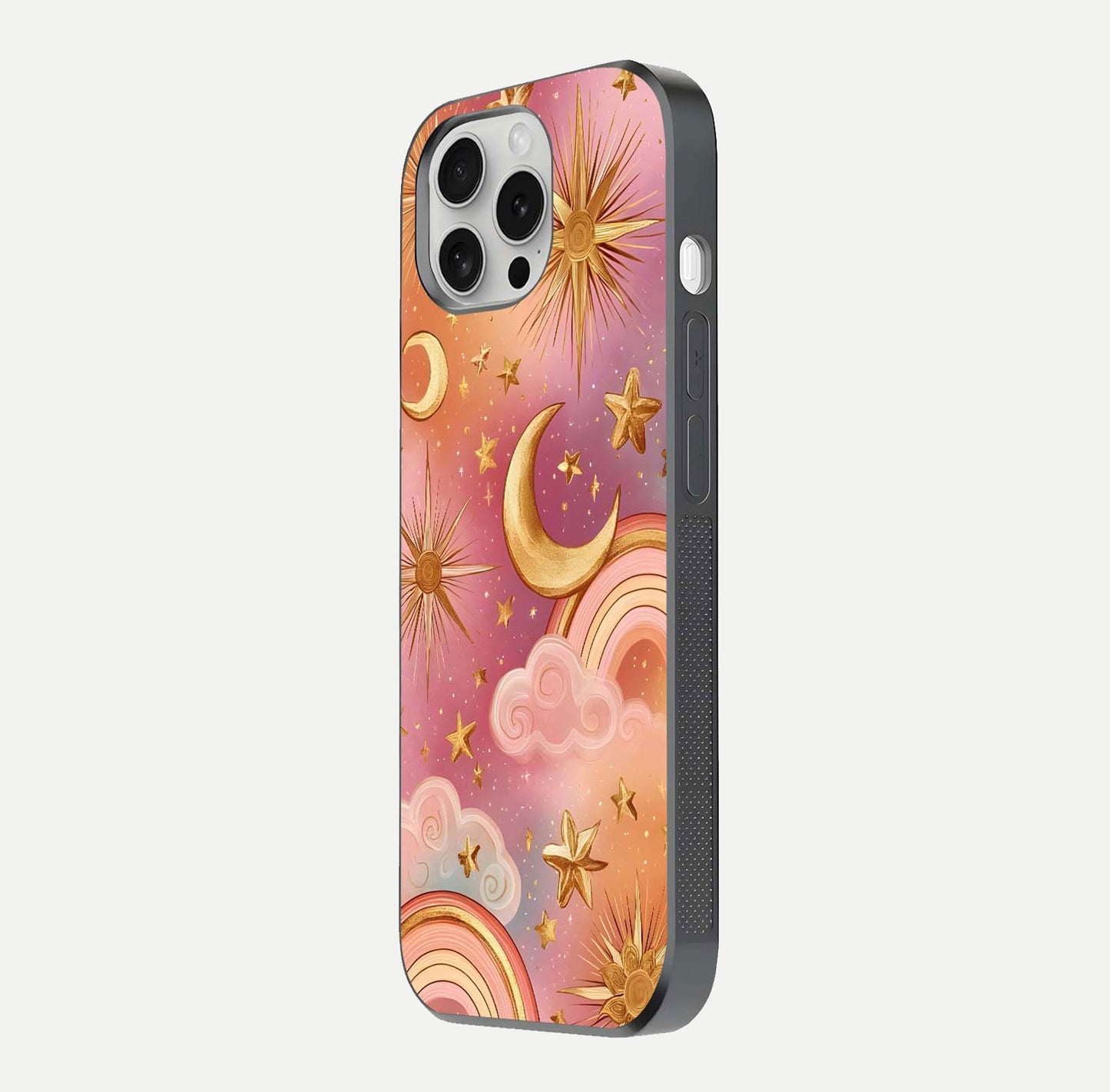 Golden Celestial Dreams Glass Case for iPhone 16 Pro side-angle image capturing reflection brightness and starry detail