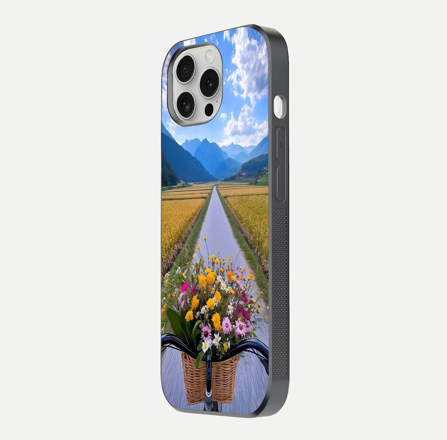 Golden Field Journey Glass Case for iPhone 16 Pro side-angle image showing golden glow, reflection shine, and curved edge