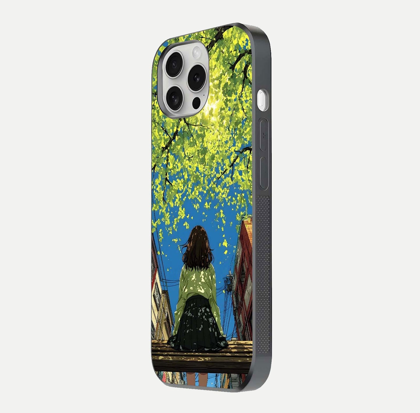 Golden Leaves Glow Glass Case for iPhone 16 Pro side-angle image showing reflection polish and elegant pattern