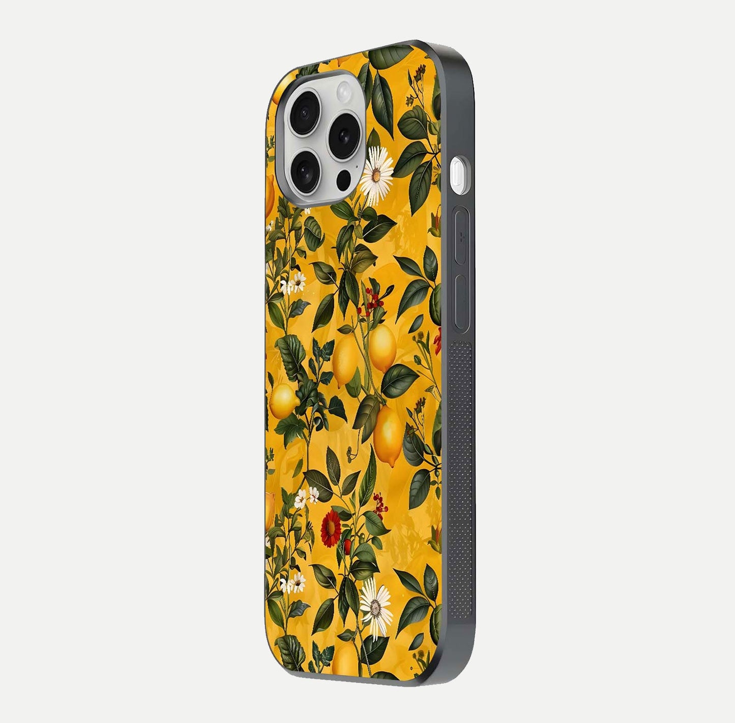 Golden Lemon Field Glass Case for iPhone 16 Pro side-angle image showing reflection clarity and juicy color tone