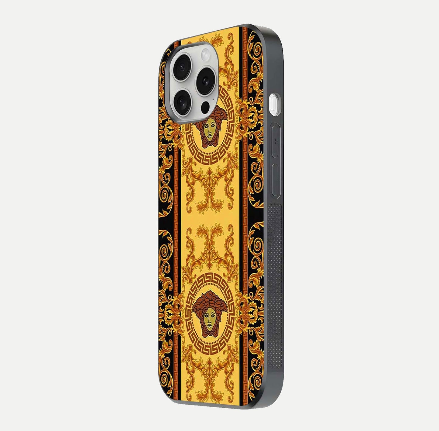 Golden Royal Heritage Glass Case for iPhone 16 Pro side-angle image showing reflection glow and luxury detailing