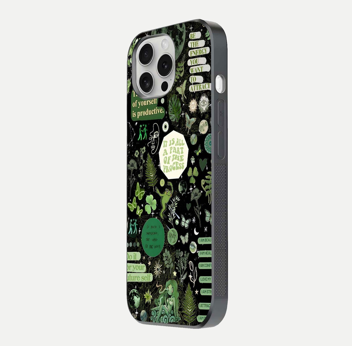 Green Moon Energy Glass Case for iPhone 16 Pro side-angle image showing reflection brilliance and curved finish