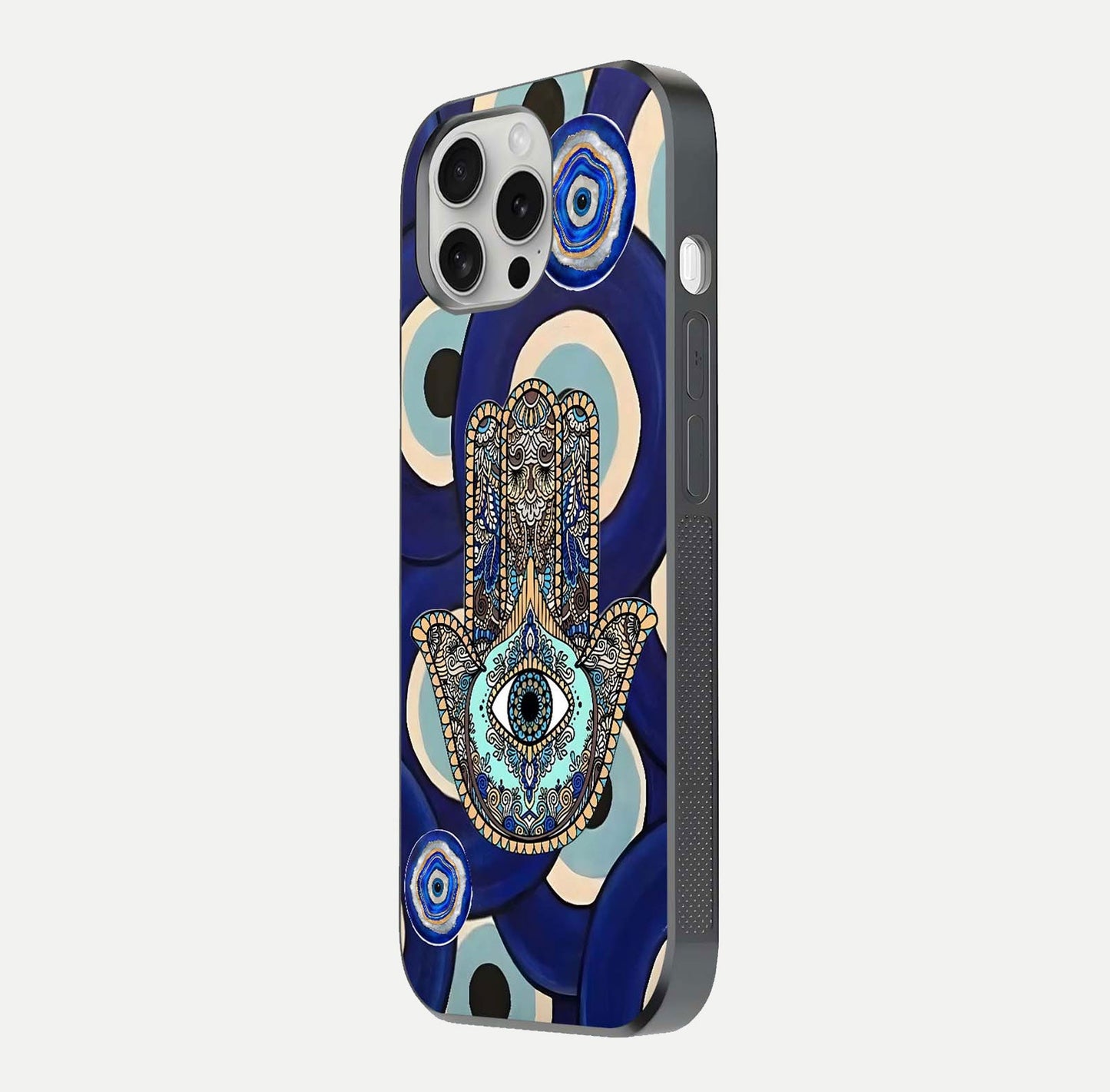 Hamsa Divine Guard Glass Case for iPhone 16 Pro side-angle image showing reflection brilliance and protective design