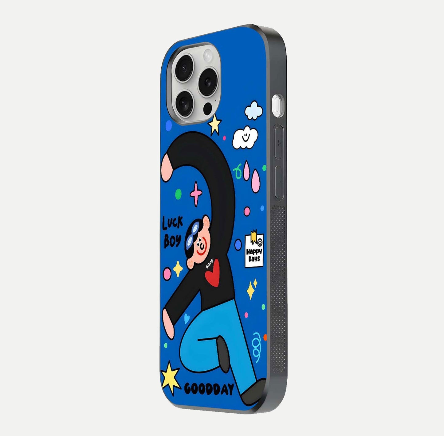 Happy Luck Vibe Glass Case for iPhone 16 Pro side-angle image showing reflection polish and vivid charm design