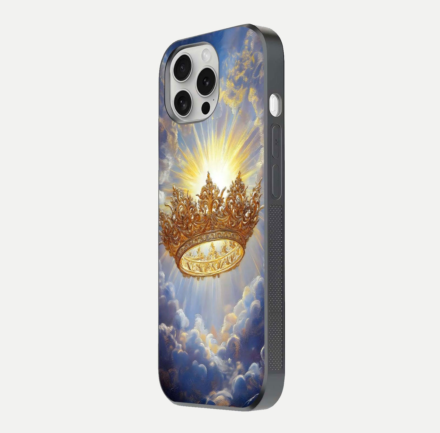 Heavenly Crown Light Glass Case for iPhone 16 Pro side-angle image showing reflection brilliance and elegant divine art