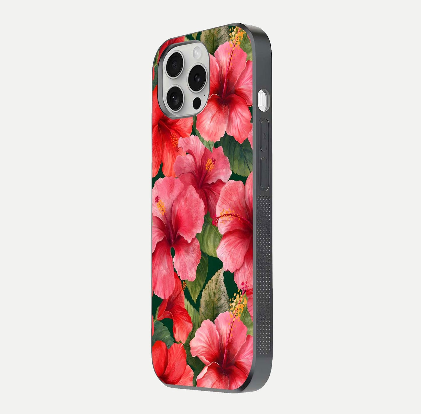 Hibiscus Pattern Glass Case for iPhone 16 Pro side-angle image showing reflection brightness and floral detailing