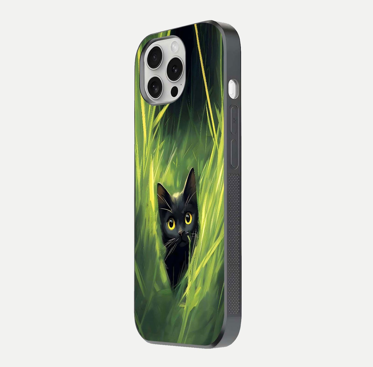 Hidden Cat Whisper Glass Case for iPhone 16 Pro side-angle image showing reflection glow and subtle artistic texture