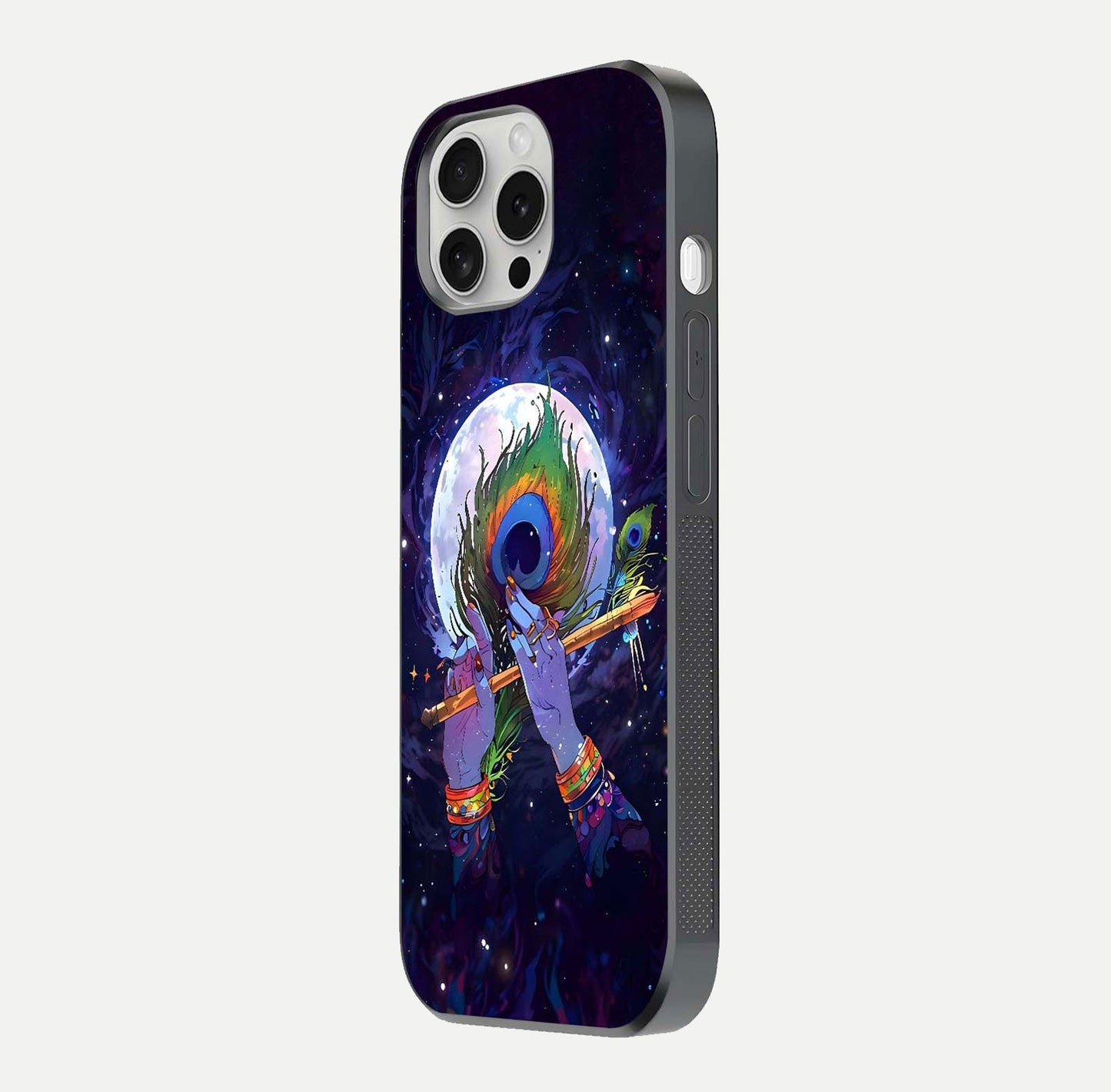 Krishna Hands Art Glass Case for iPhone 16 Pro side-angle image highlighting reflection brightness and vivid print