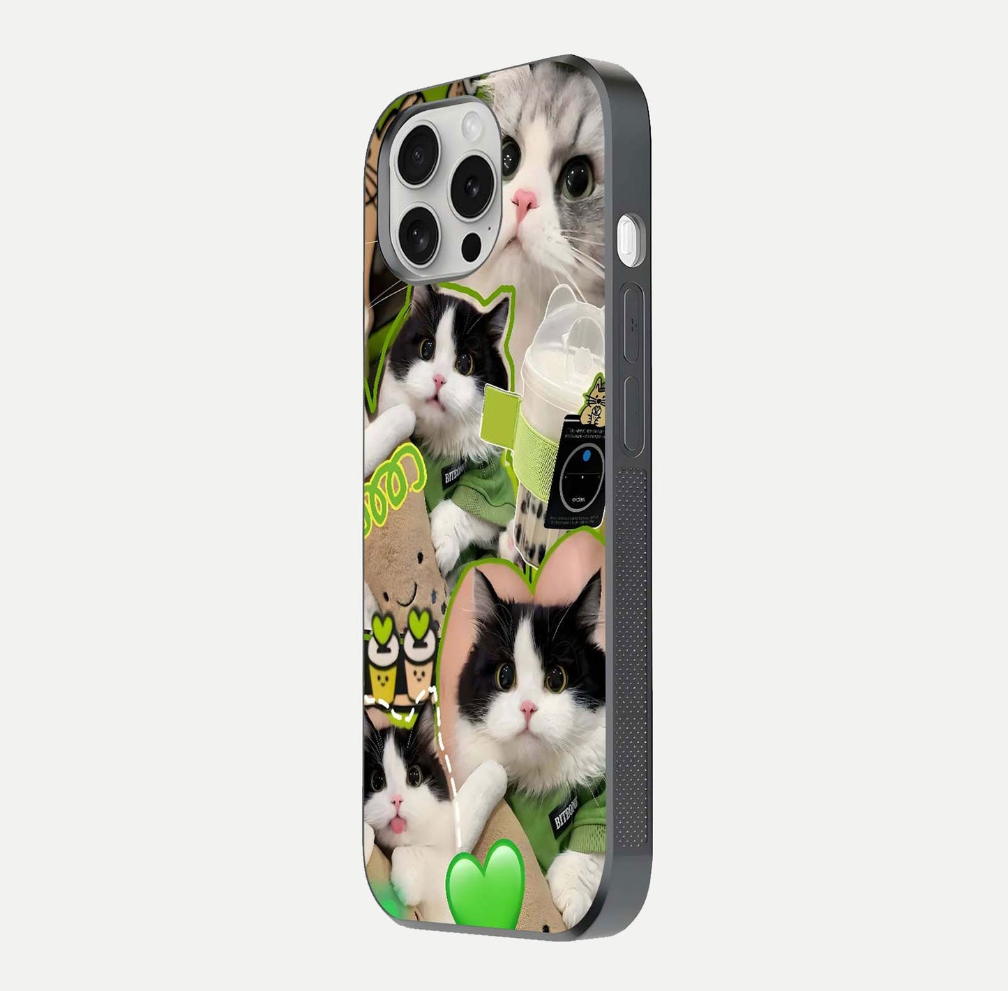 Matcha Cats Mood Glass Case for iPhone 16 Pro side-angle image showing shine clarity and cat pattern charm