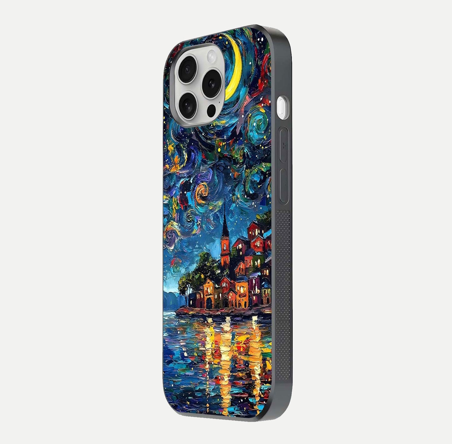 Moonlight Harbor Glow Glass Case for iPhone 16 Pro side-angle image showing reflective surface and ocean tones