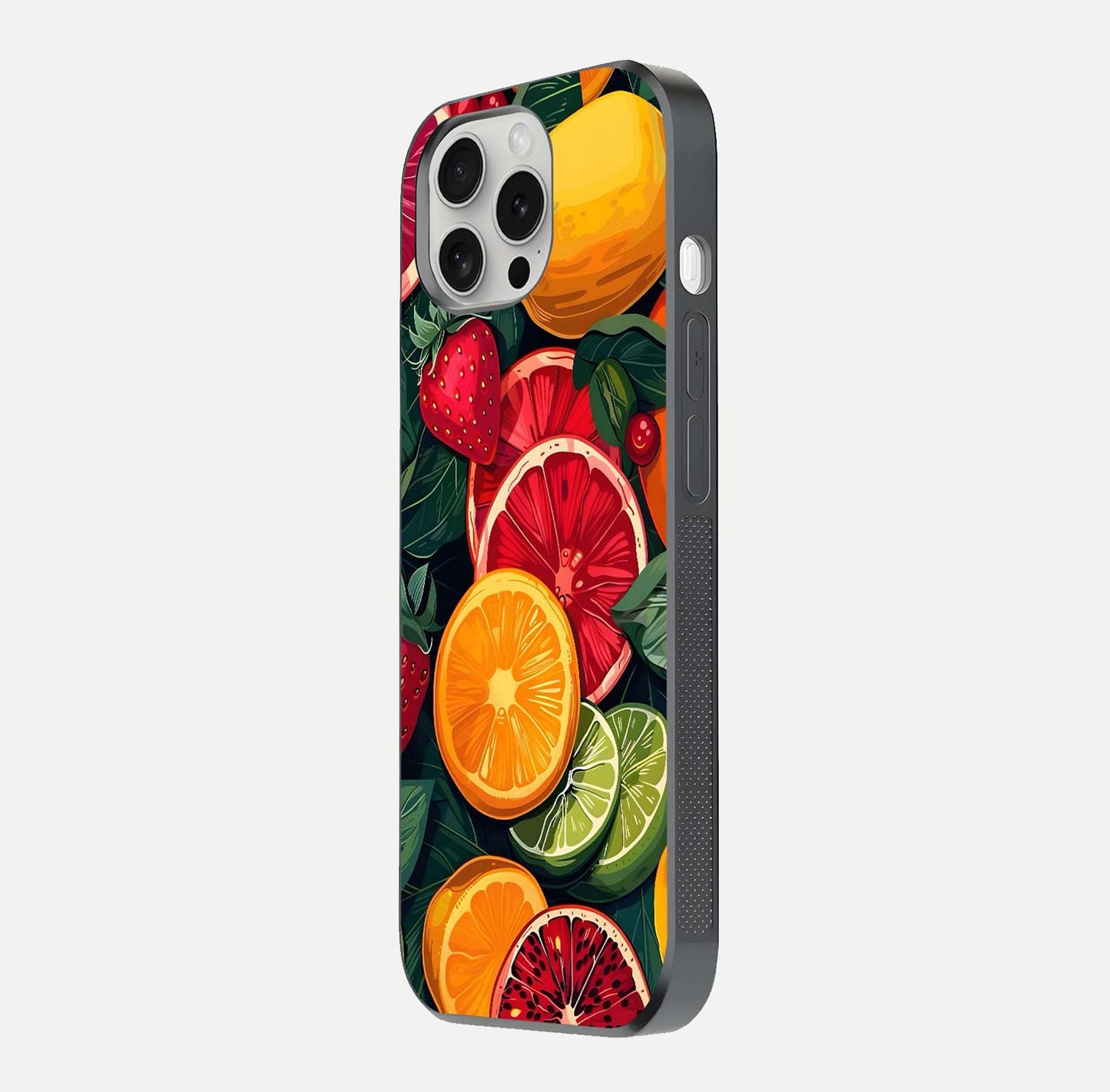 Multiple Fruits Glass Case for iPhone 16 Pro side-angle image showing glossy surface and vivid fruit pattern