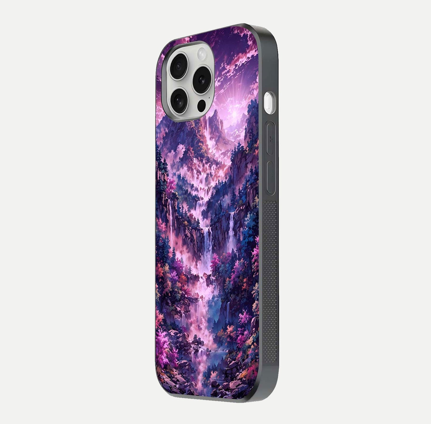 Mystic Cascade Peaks Glass Case for iPhone 16 Pro side-angle image showing reflection and scenic art clarity