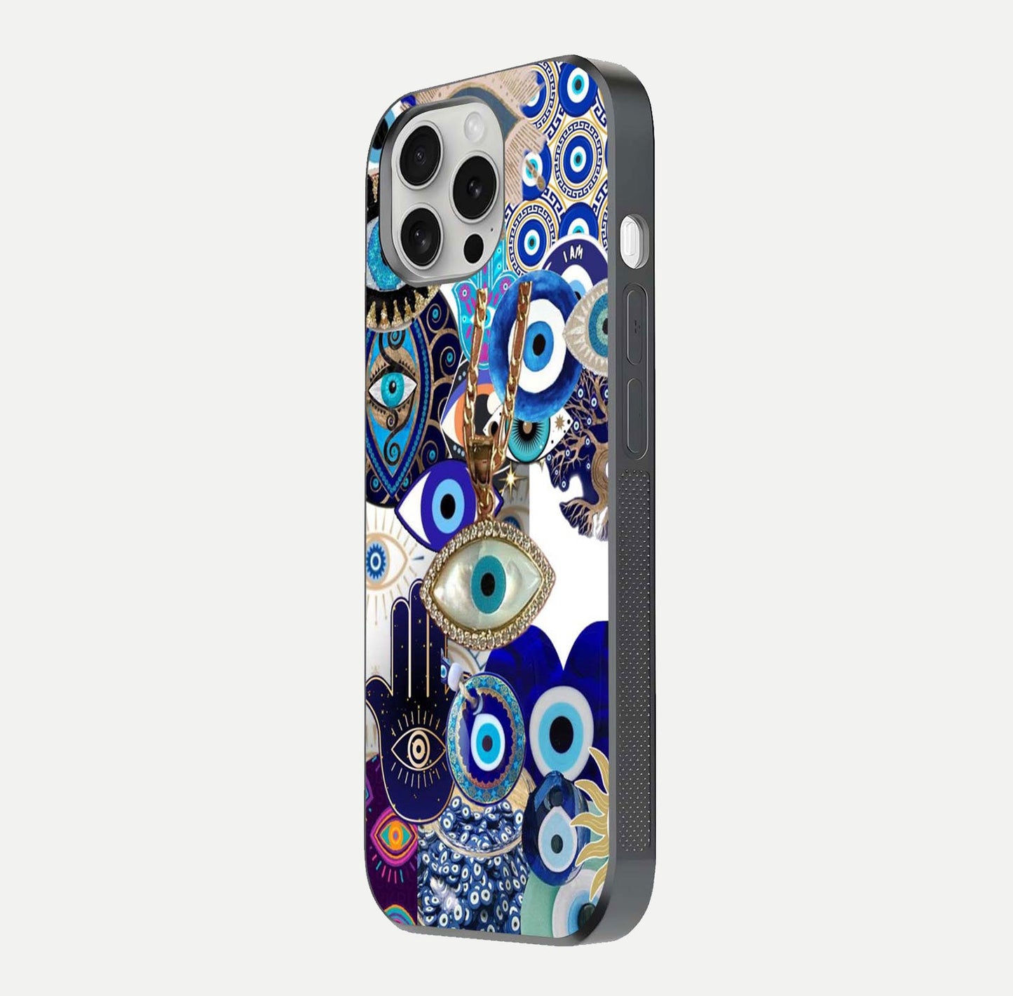 Mystic Charm Eye Glass Case for iPhone 16 Pro side-angle image showing HD reflection and sacred tone