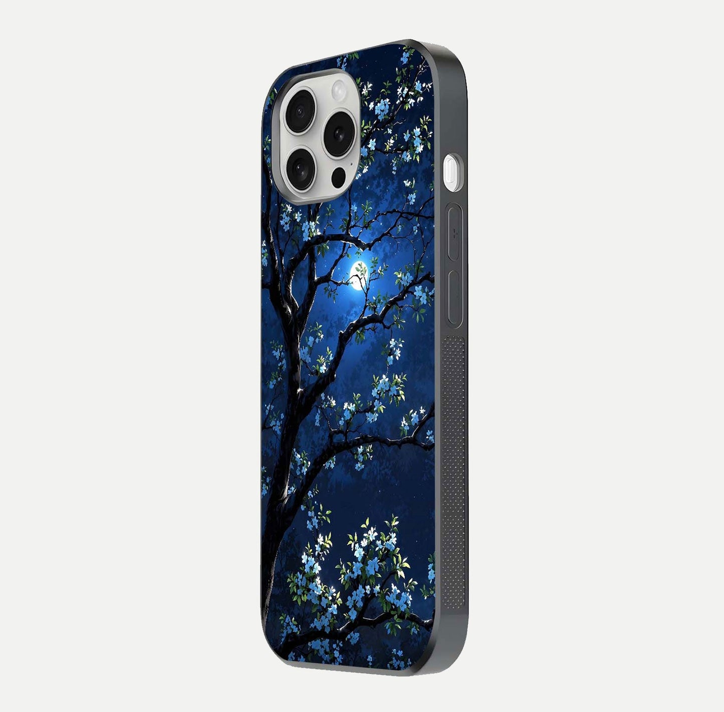 Mystic Floral Night Glass Case for iPhone 16 Pro side-angle image showing gloss surface and midnight floral tones