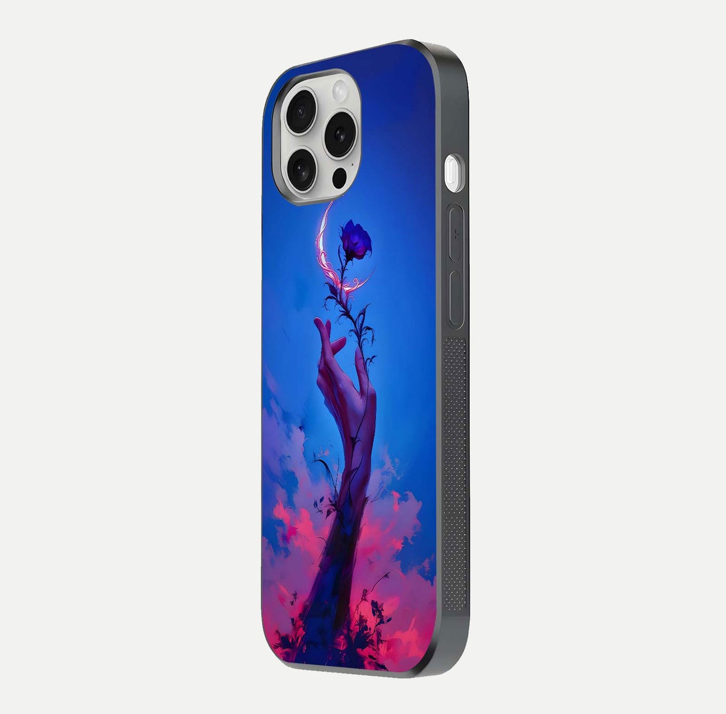 Mystic Hand Glass Case for iPhone 16 Pro side-angle image showing reflection depth and sacred aesthetic