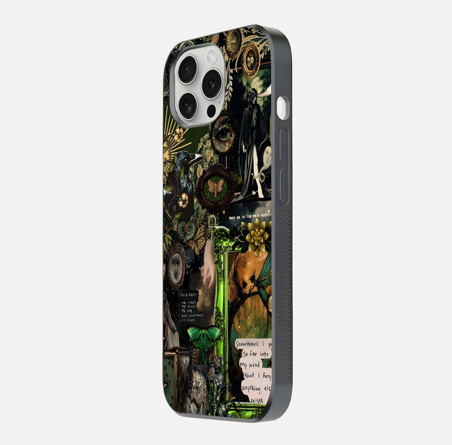 Mystic Woods Secret Glass Case for iPhone 16 Pro side-angle image showing gloss reflection and forest pattern