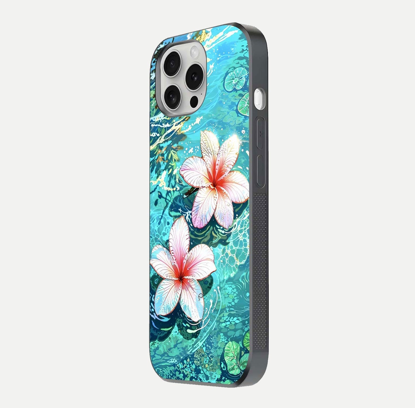 Pink Flowers in Water Glass Case for iPhone 16 Pro side-angle image showing reflection and depth of detail