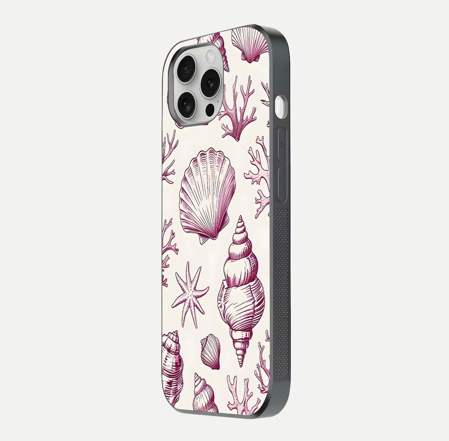 Pink Shells Outline Glass Case for iPhone 16 Pro side-angle image showing shine and intricate outline texture