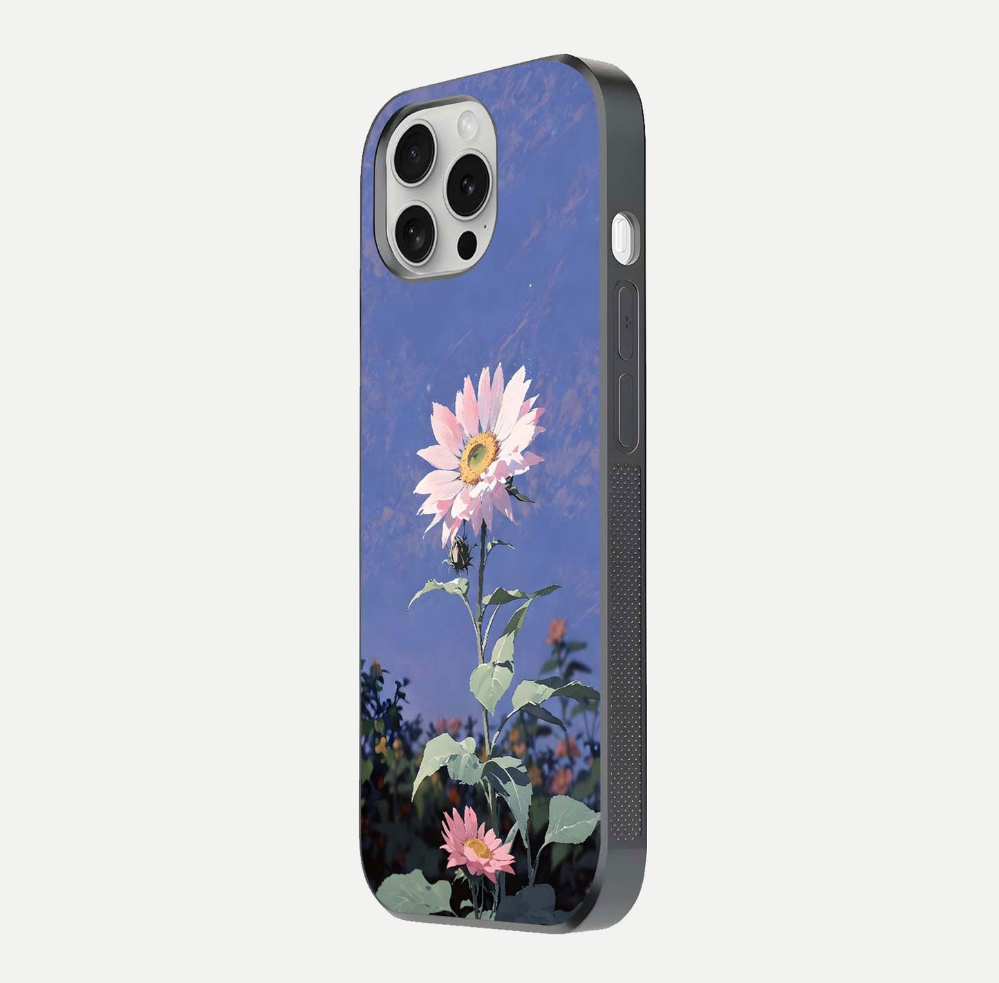 Pink Sunflower Glow Glass Case for iPhone 16 Pro side-angle image showing glossy edges and vivid sunflower tones