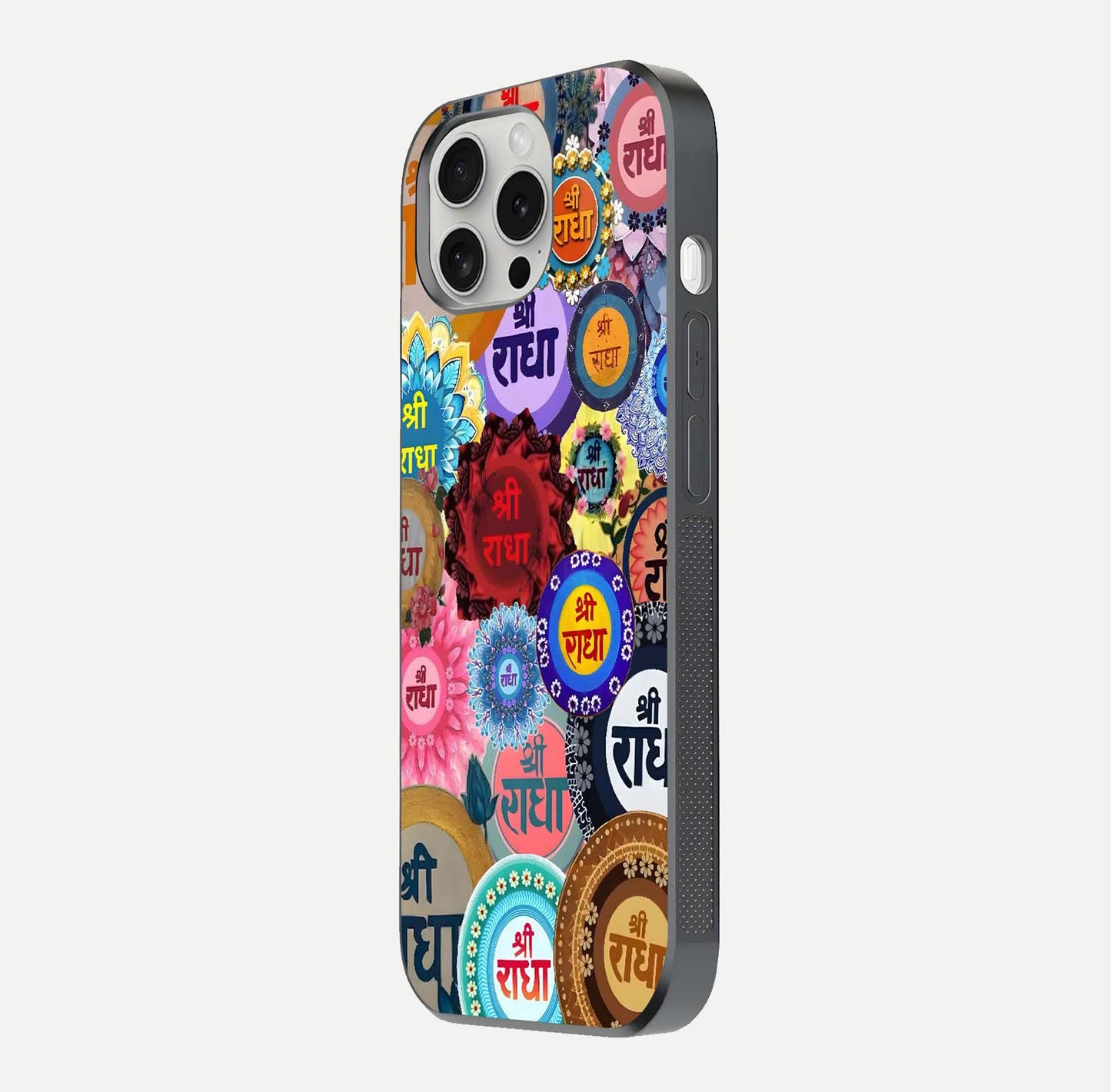 Radha Divine Bloom Glass Case for iPhone 16 Pro side-angle image showing shine, reflection, and floral motif