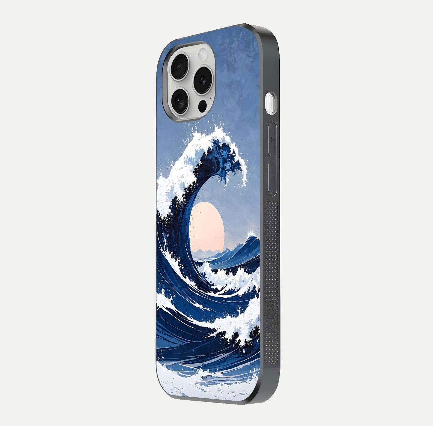 Rising Tide Power Glass Case for iPhone 16 Pro side-angle image showing shine and detailed ocean art