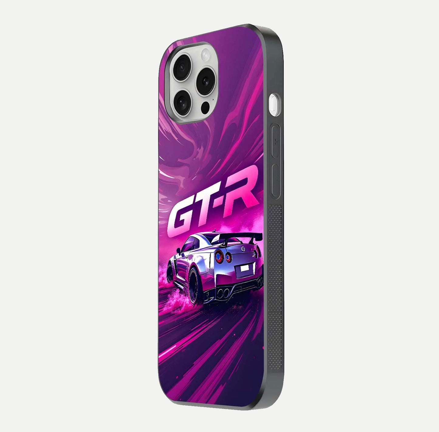 Speed Drift Legend Glass Case for iPhone 16 Pro side-angle image showing car print reflection and surface gloss