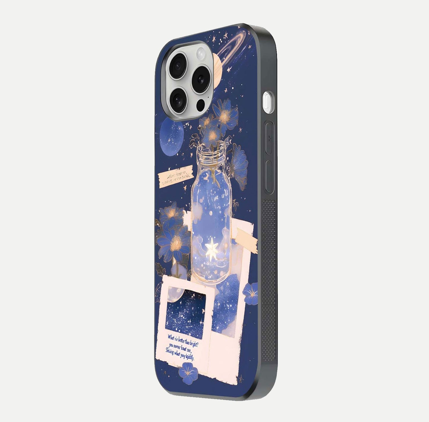 Starlit Cosmic Jar Glass Case for iPhone 16 Pro side-angle image showing glow, texture, and light reflection