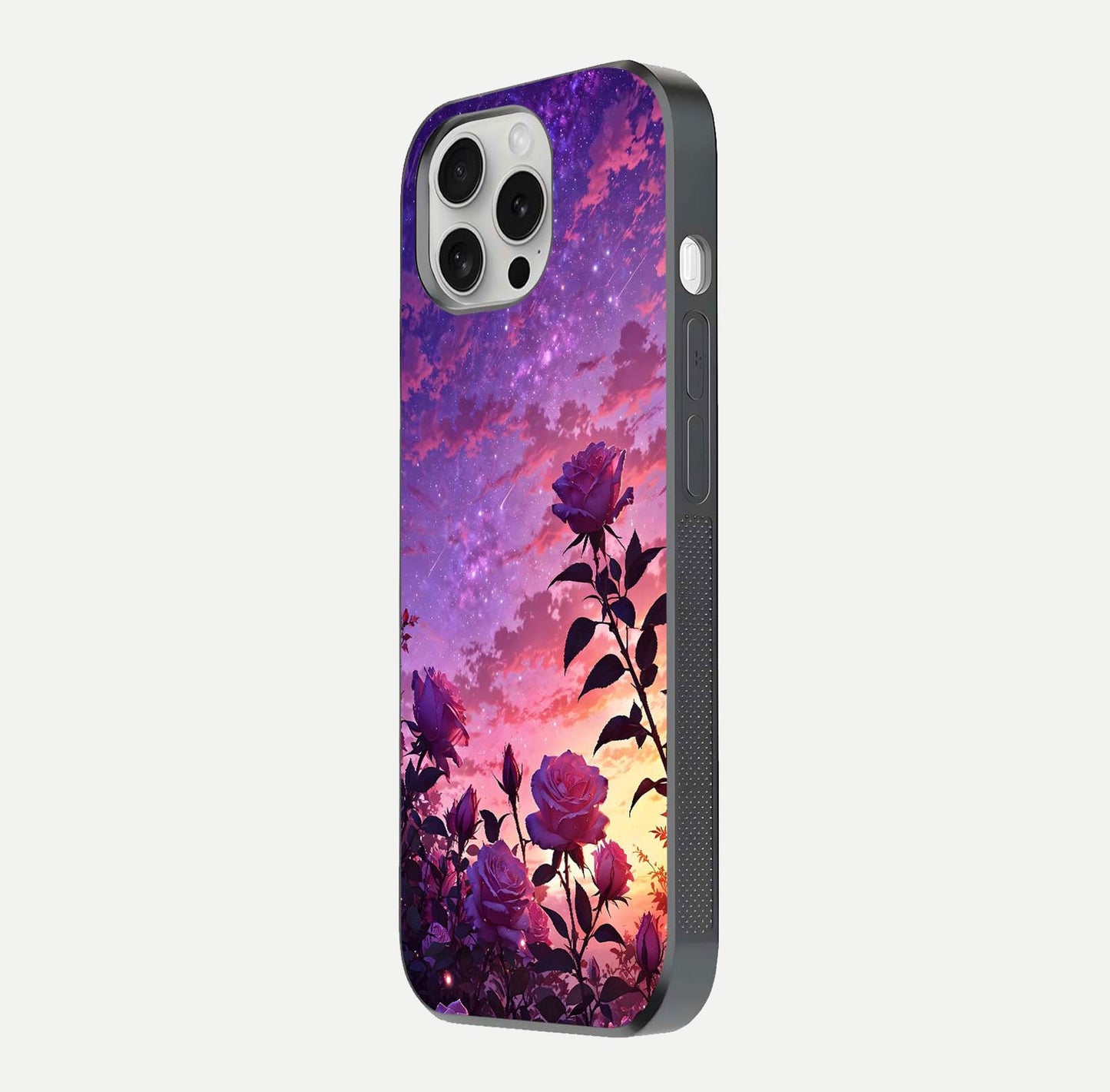 Starlit Rose Twilight Glass Case for iPhone 16 Pro side-angle image showing reflection and petal contrast