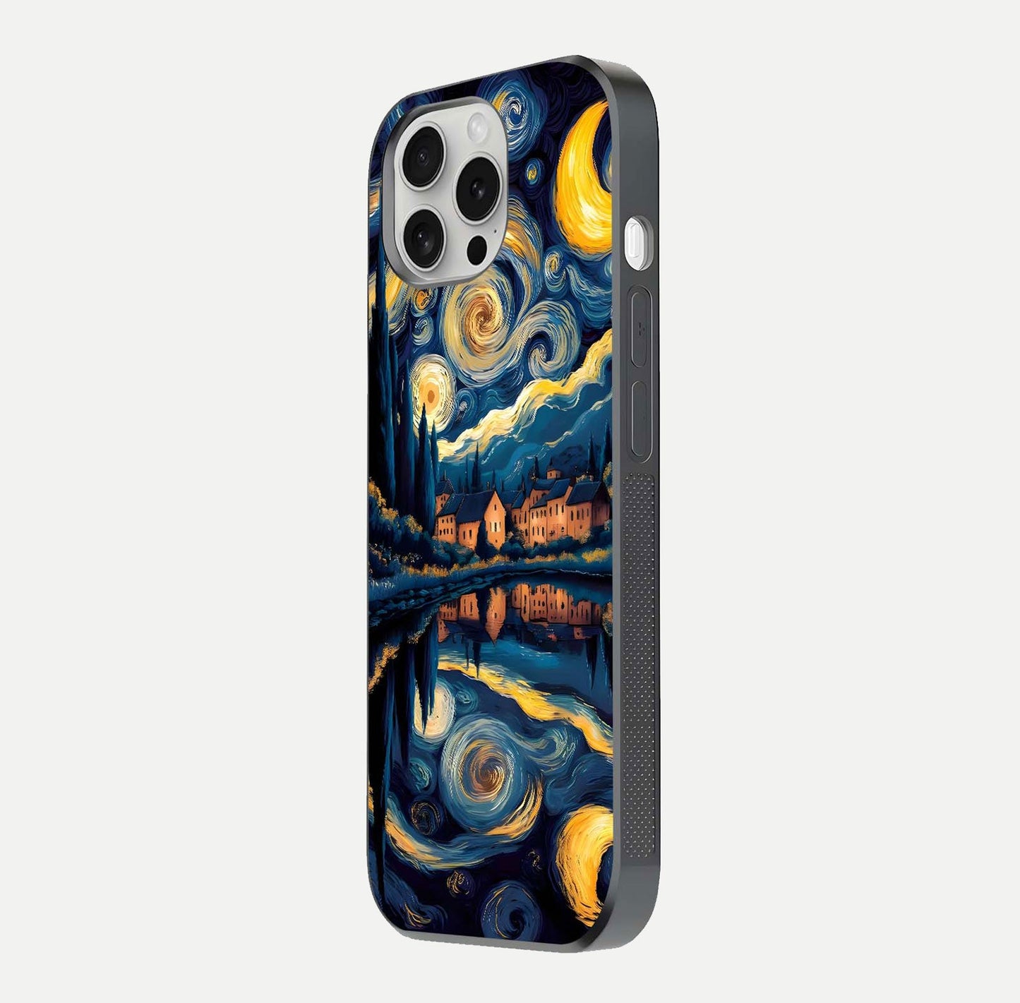 Starry Sky Serenity Glass Case for iPhone 16 Pro side-angle image showing reflection and night-sky detail