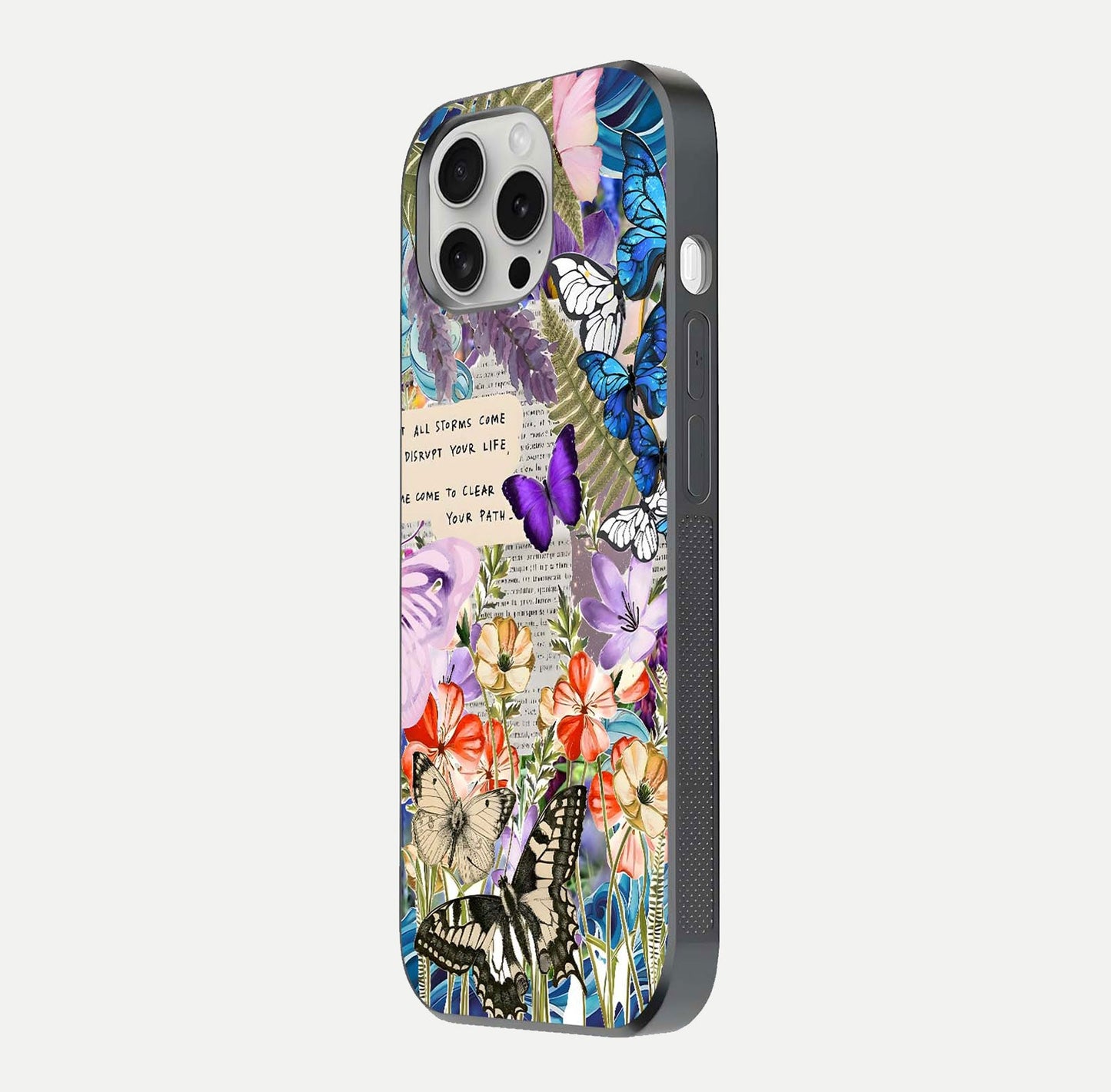 Storm Path Bloom Glass Case for iPhone 16 Pro side-angle image showing reflection, color contrast, and shine