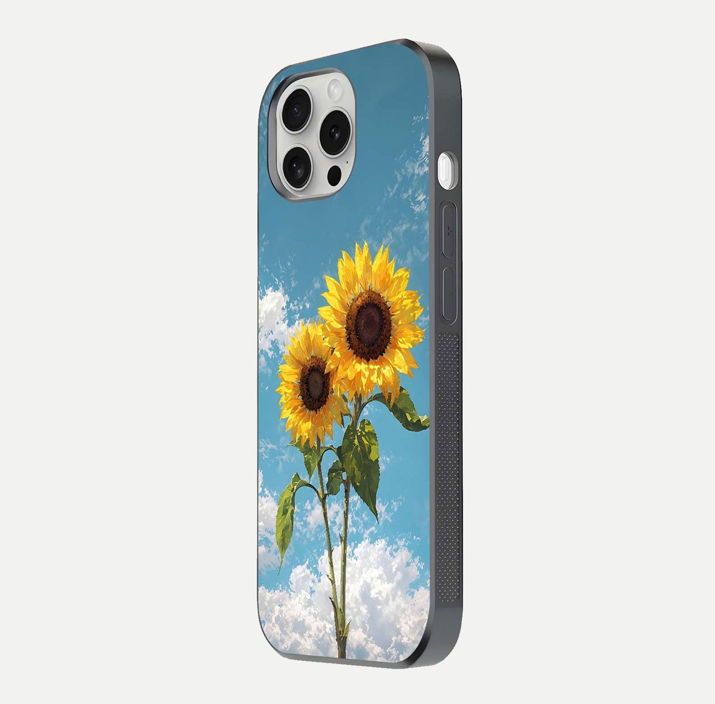 Sunflower Sky Bloom Glass Case for iPhone 16 Pro side-angle image showing reflection, edges, and sunflower color