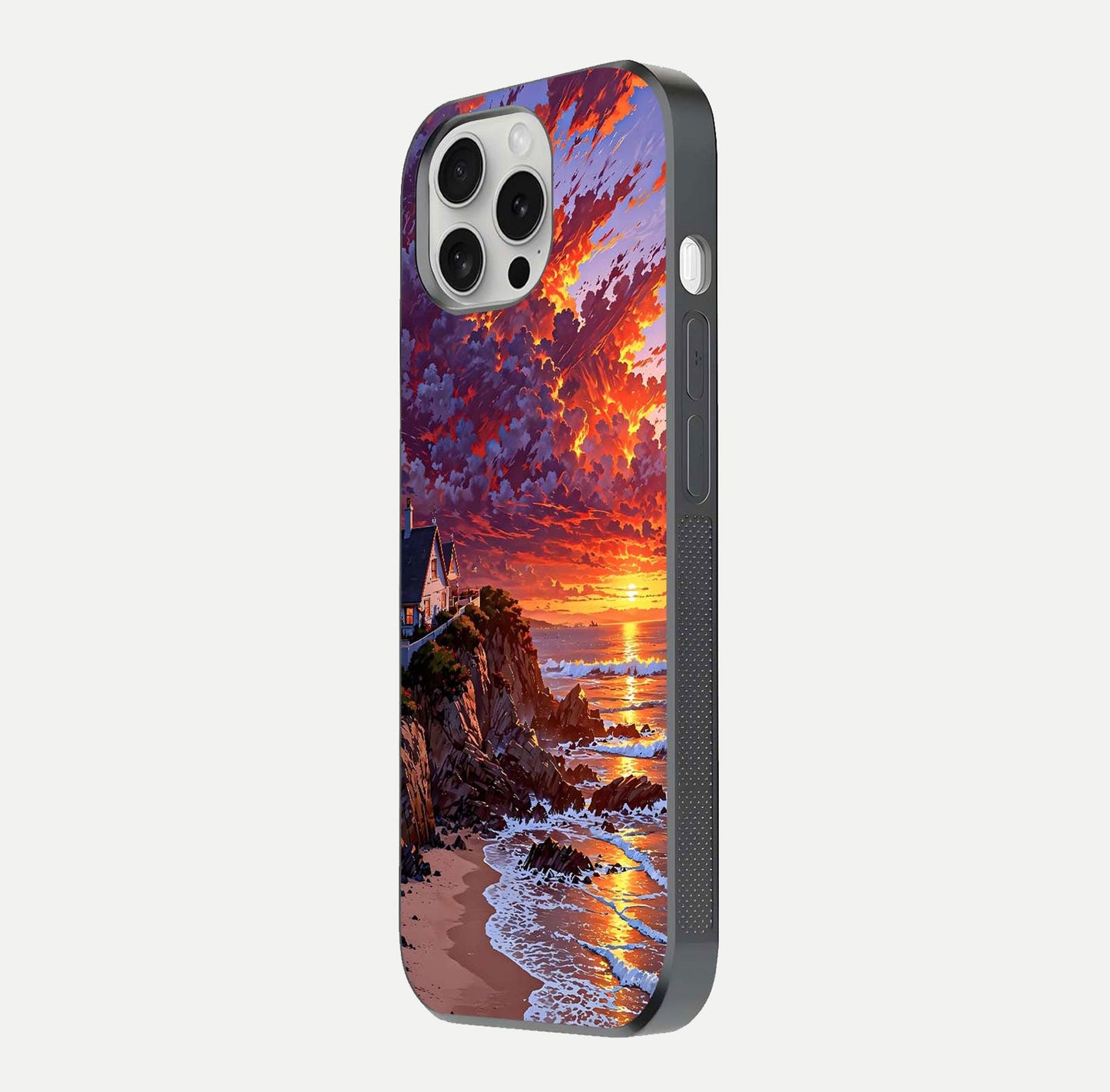Sunset House by Sea Glass Case for iPhone 16 Pro side-angle image showing reflection and seaside color tone