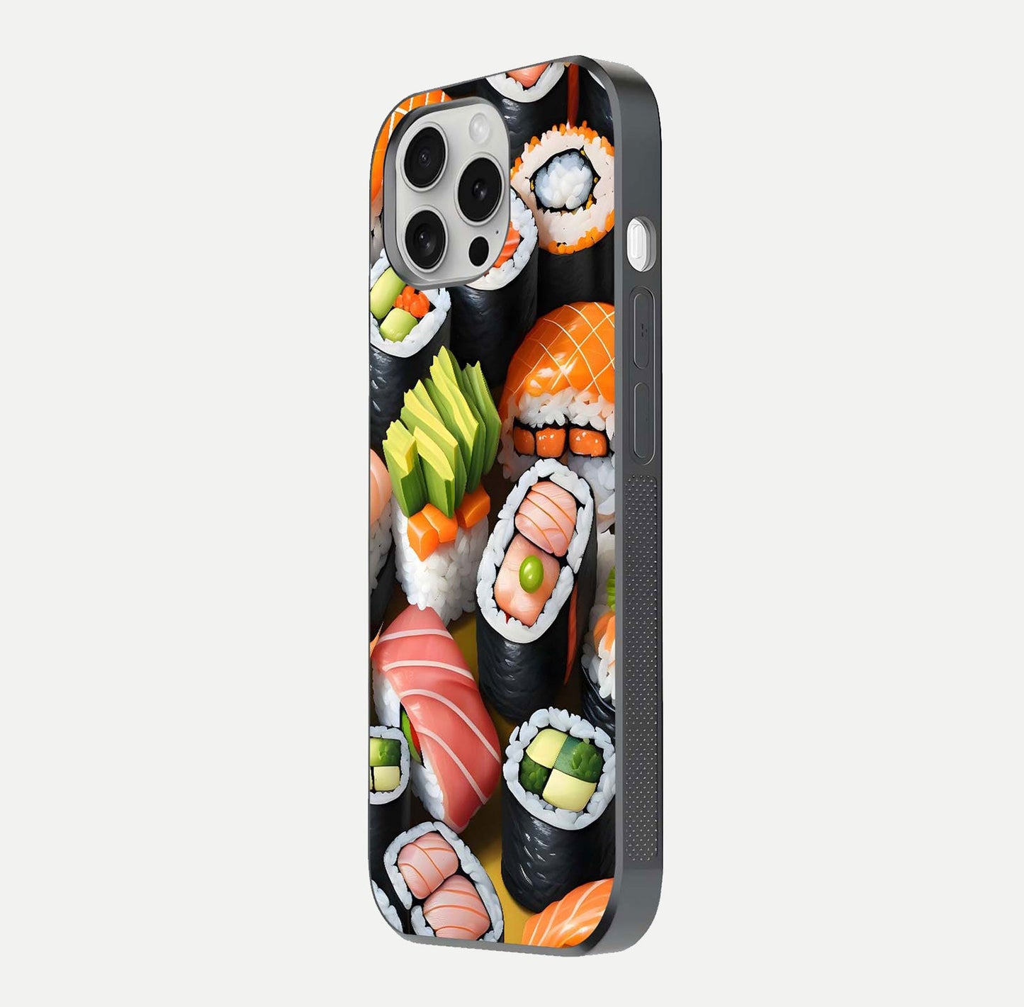 Sushi Food Pattern Glass Case for iPhone 16 Pro side-angle image showing shine, gloss, and sushi artwork