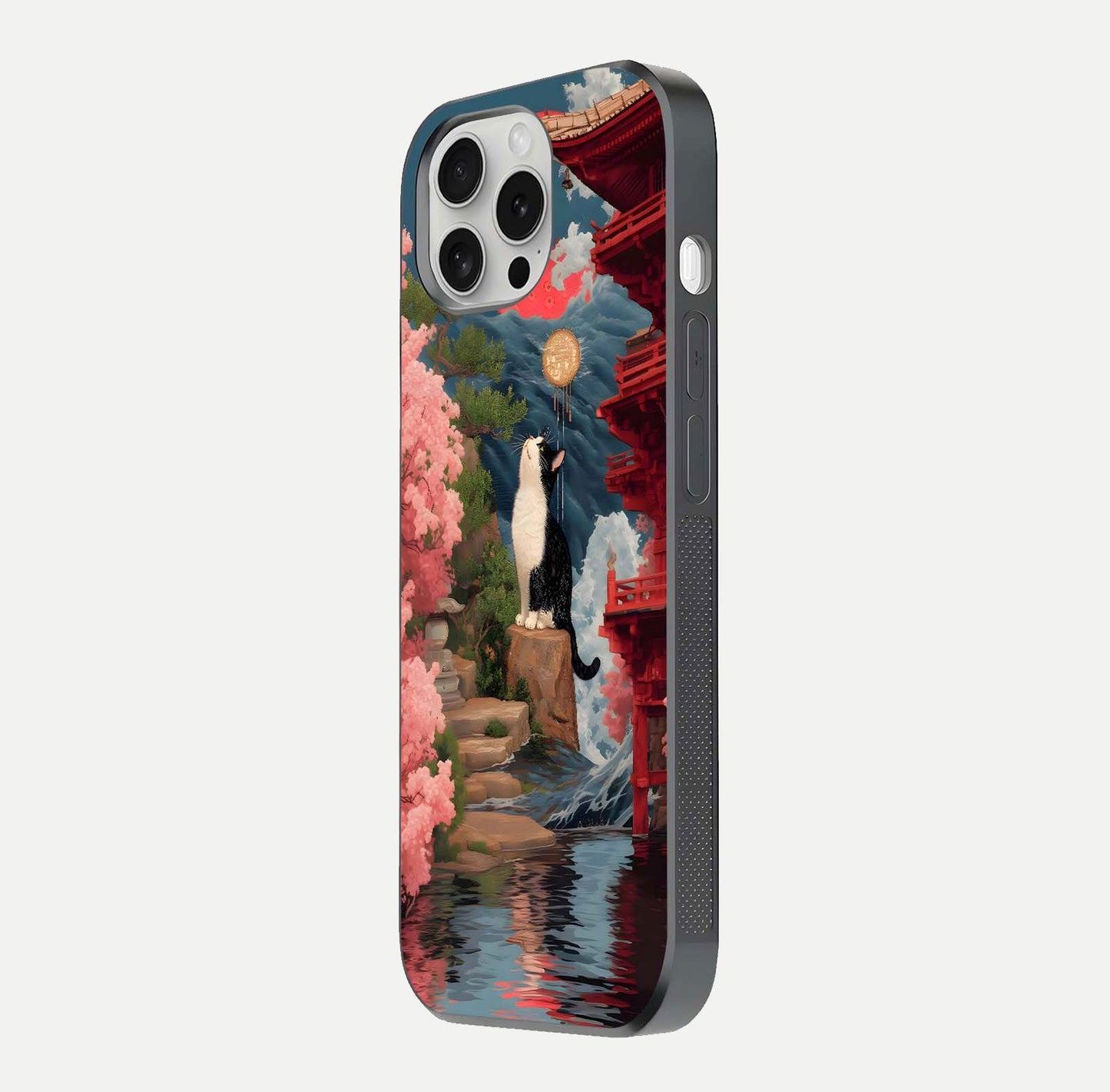 Temple Cat Scenery Glass Case for iPhone 16 Pro side-angle image showing shine and printed temple pattern