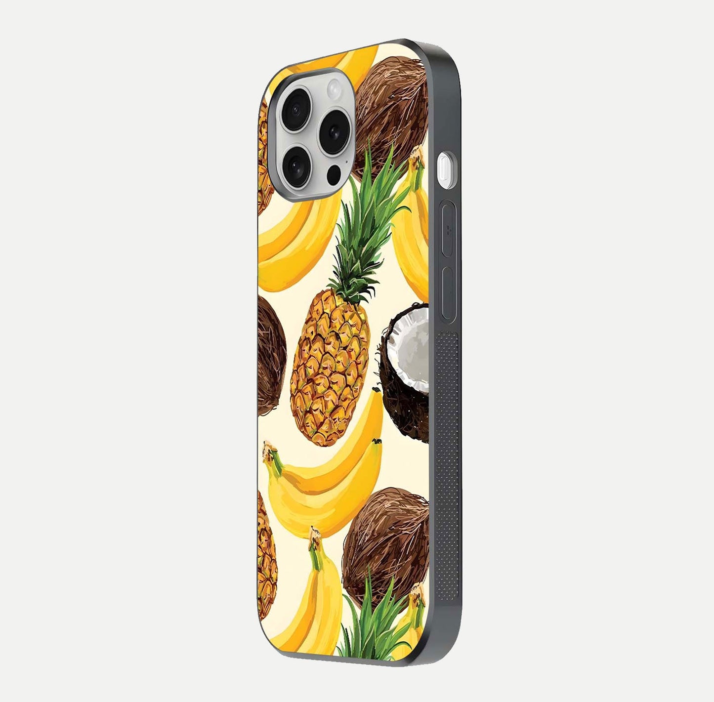 Tropical Fruit Mood Glass Case for iPhone 16 Pro side-angle image showing reflection, gloss, and fruit details