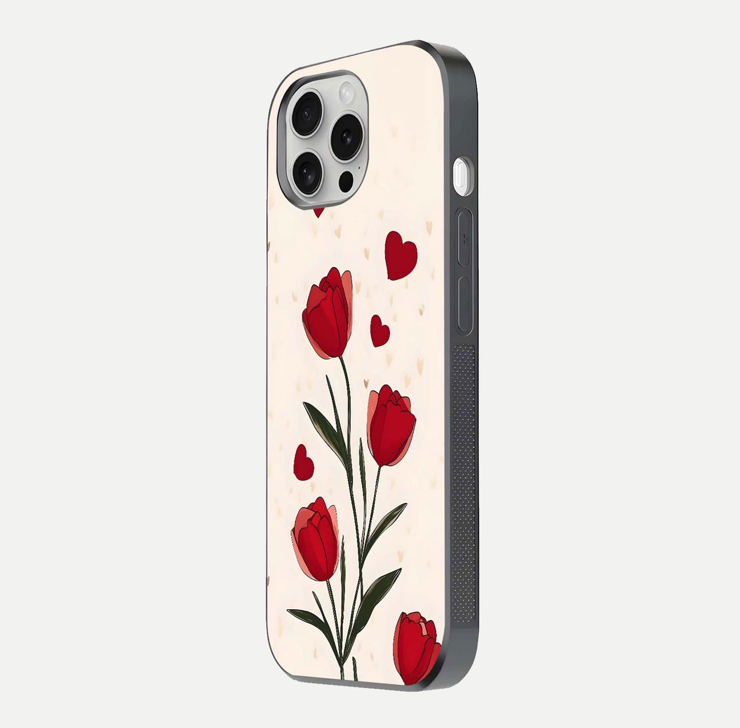 Tulip With Heart Glass Case for iPhone 16 Pro side-angle image showing floral reflection and subtle gradient