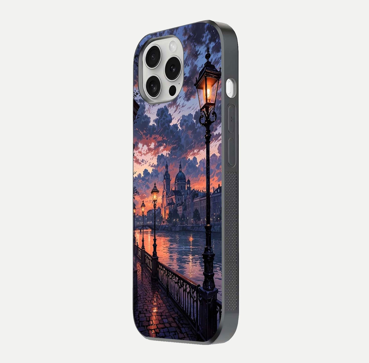 Twilight River Lights Glass Case for iPhone 16 Pro side-angle image showing reflections, lighting, and gradient tones