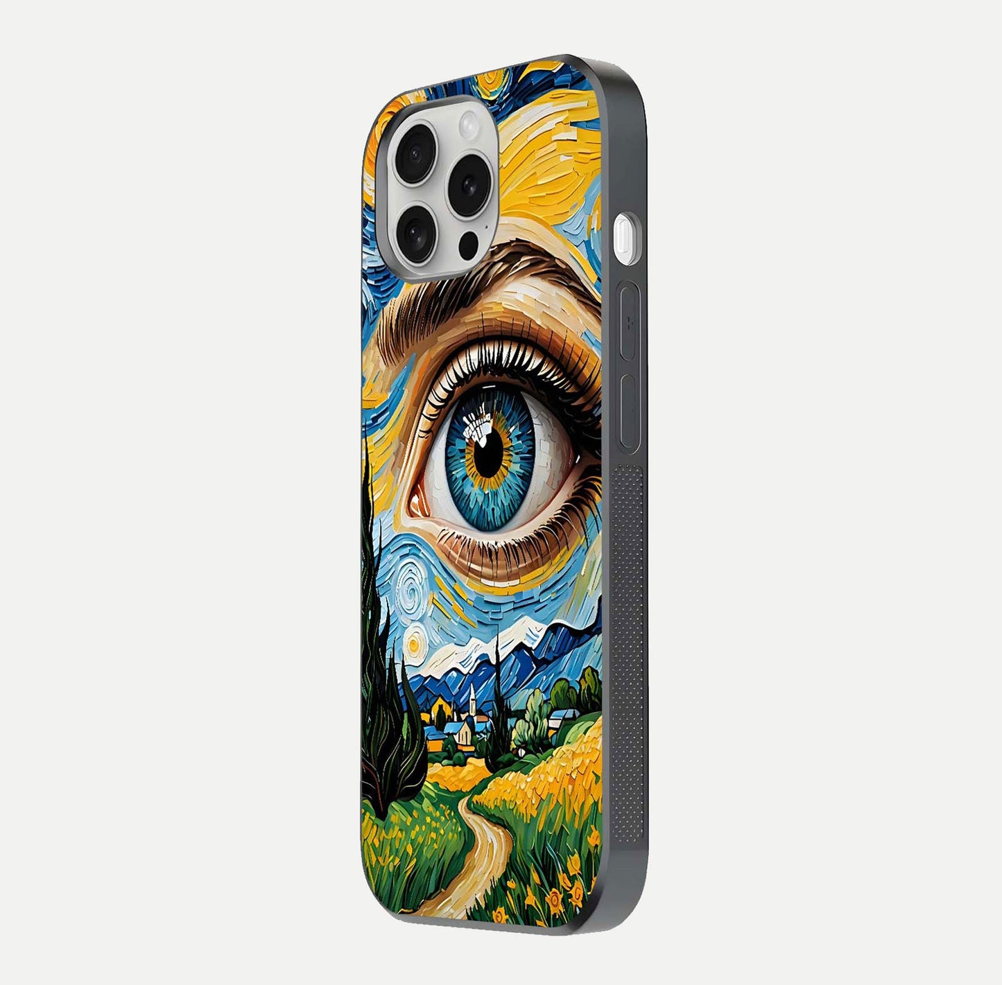 Van Gogh Eye Glass Case for iPhone 16 Pro side-angle image showing reflection, gloss, and artistic contrast