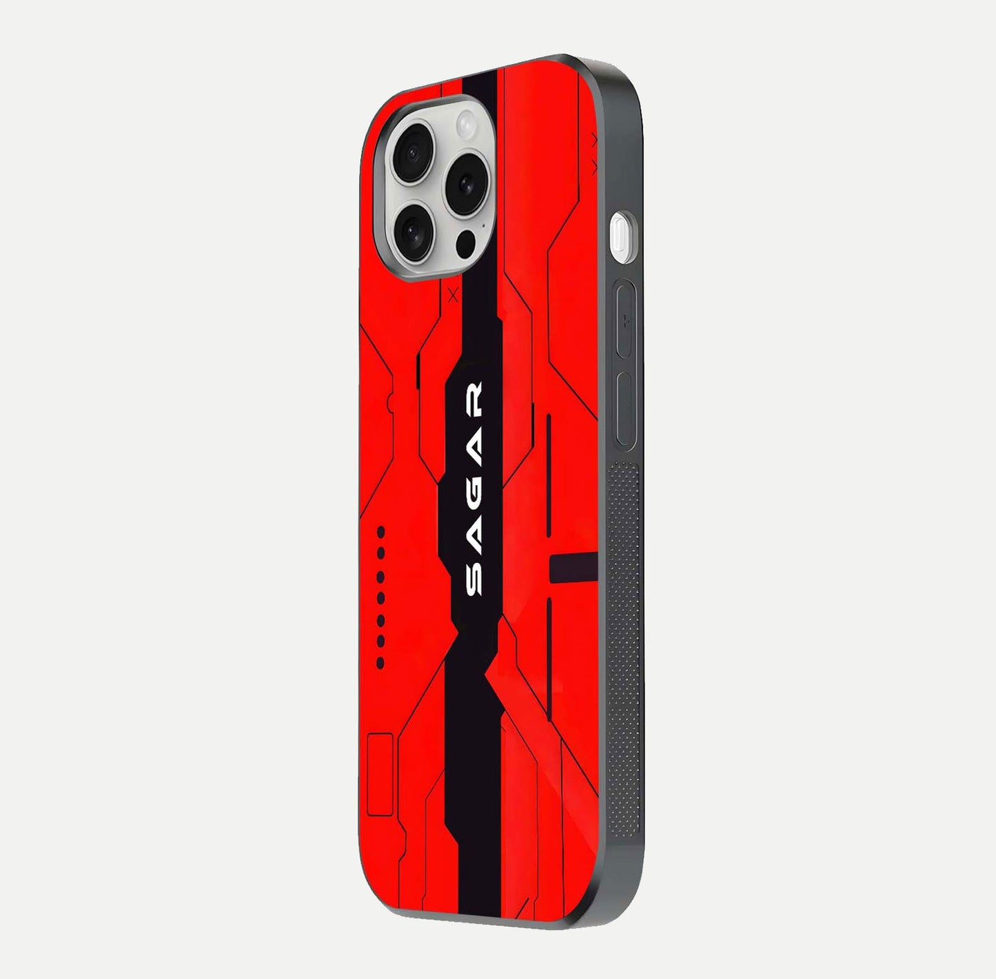 Voltage Rise CYBERPUNK Custom Name Glass Case for iPhone 16 Pro side-angle image showing gloss and cyberpunk detail
