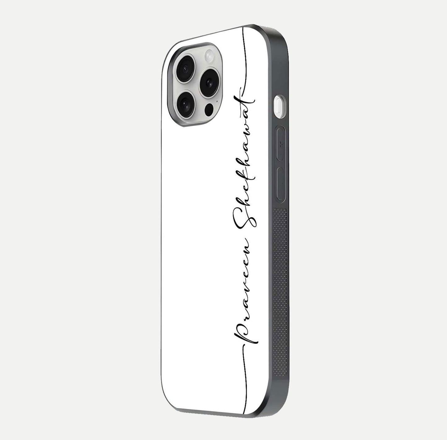 White Tune Custom Name Glass Case for iPhone 16 Pro side-angle image showing shine, gloss, and minimal tone