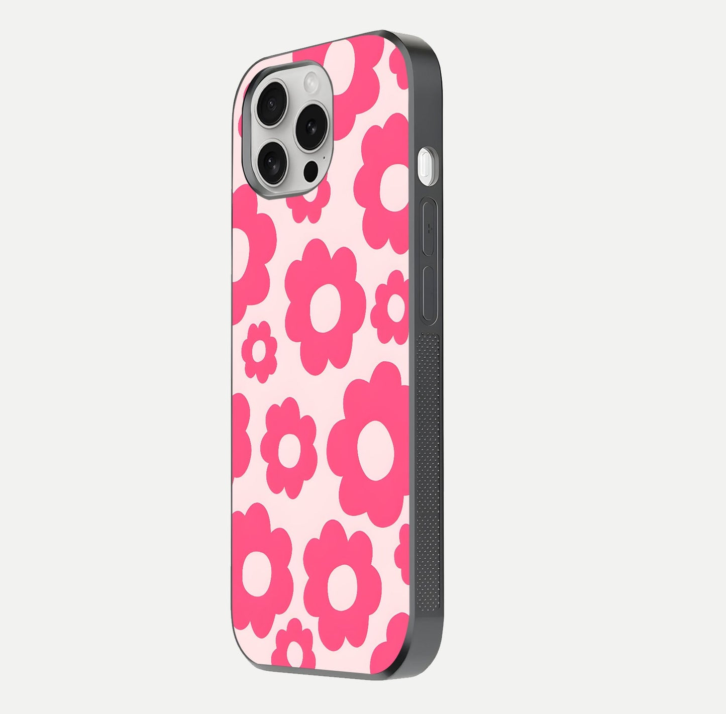 Blush Flower Pop iPhone 16 Pro glass phone case side profile view focusing on clean edges and seamless floral wrap
