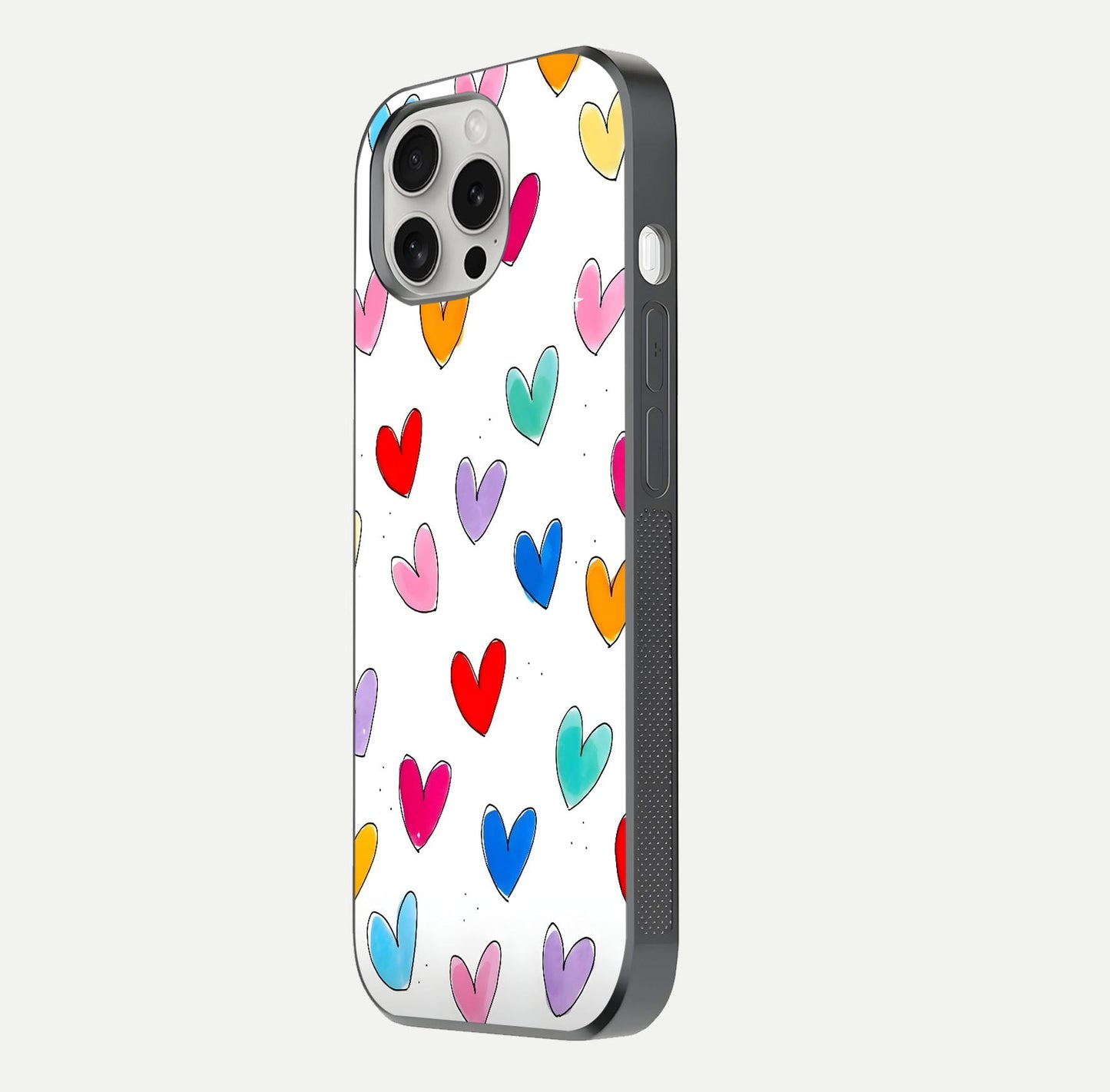 Playful Love Doodles iPhone 16 Pro glass phone case side profile view focusing on smooth frame and seamless wrap