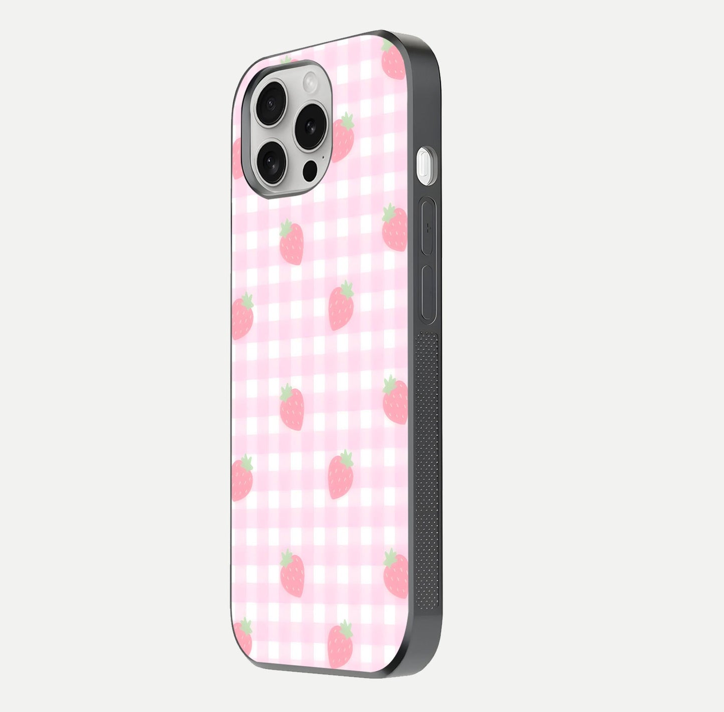 Strawberry Picnic Love iPhone 16 Pro glass phone case side profile view focusing on smooth frame and seamless wrap