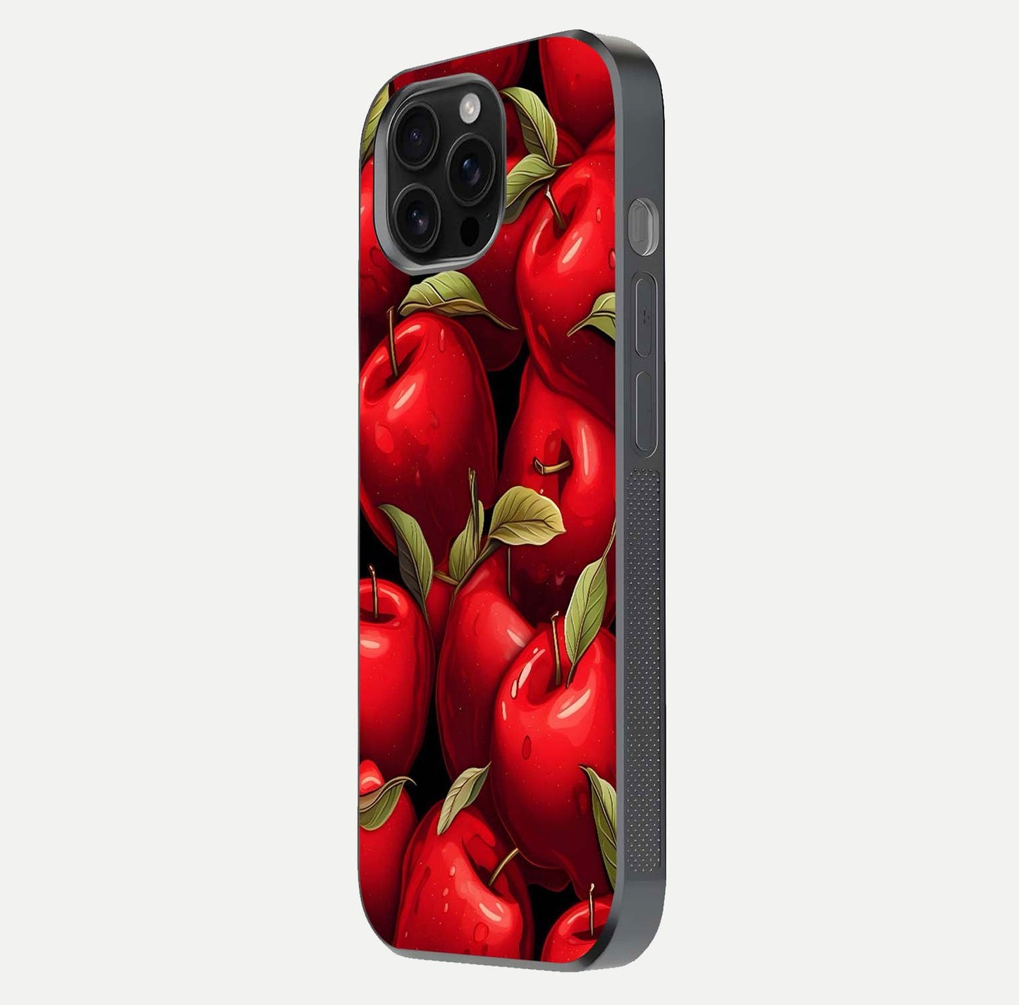Apple Pattern Glass Case for iPhone 16 Pro Max side-angle image showcasing minimalist apple print and gloss reflection