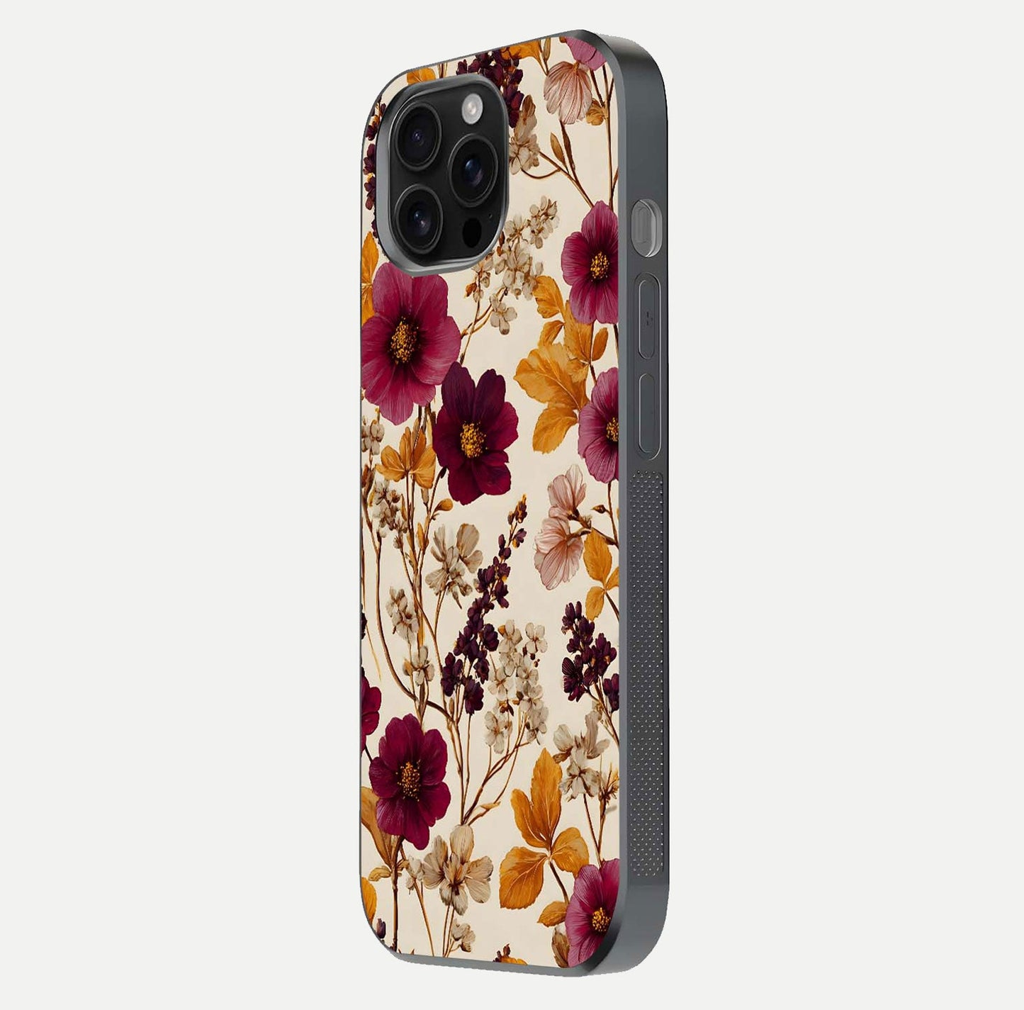 Autumn Wine Bloom Glass Case for iPhone 16 Pro Max side-angle showcasing floral design, texture gloss, and camera frame