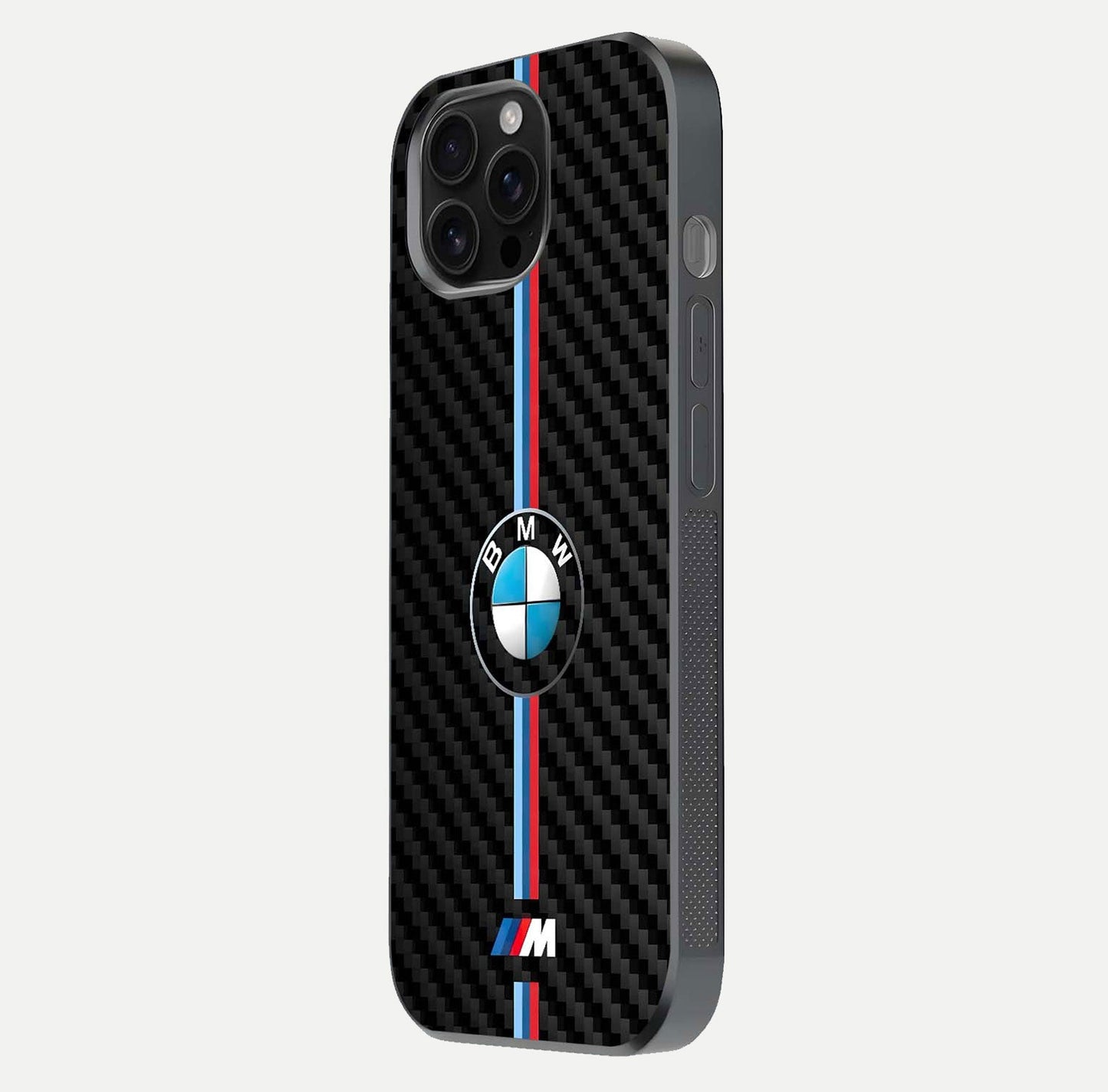 BMW Pattern Glass Case for iPhone 16 Pro Max side-angle image showing edge finish and luxury car-inspired shine