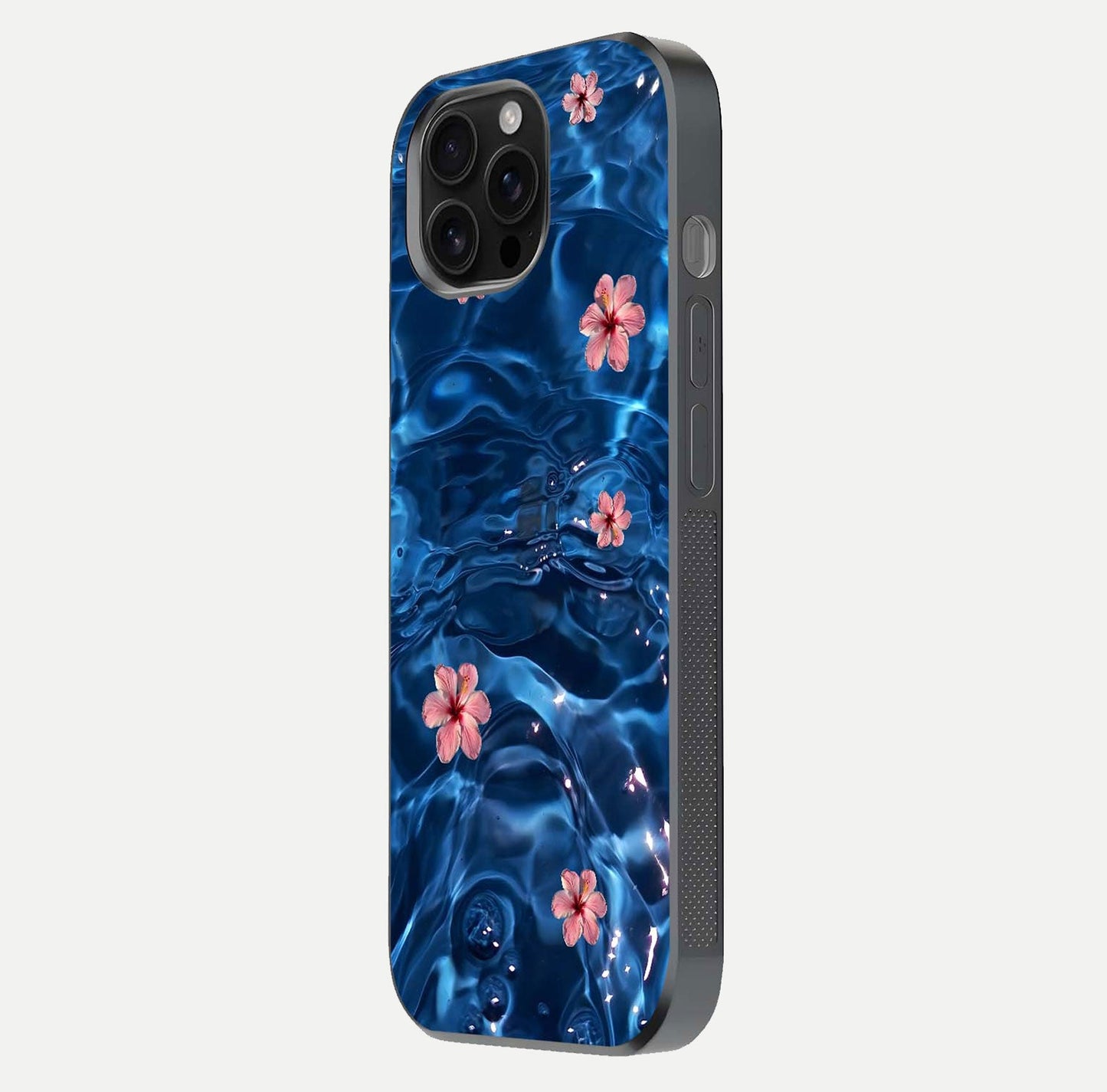 Blooming Water Drift Glass Case for iPhone 16 Pro Max side-angle image showcasing blossom flow, curved corners, and HD glass gloss