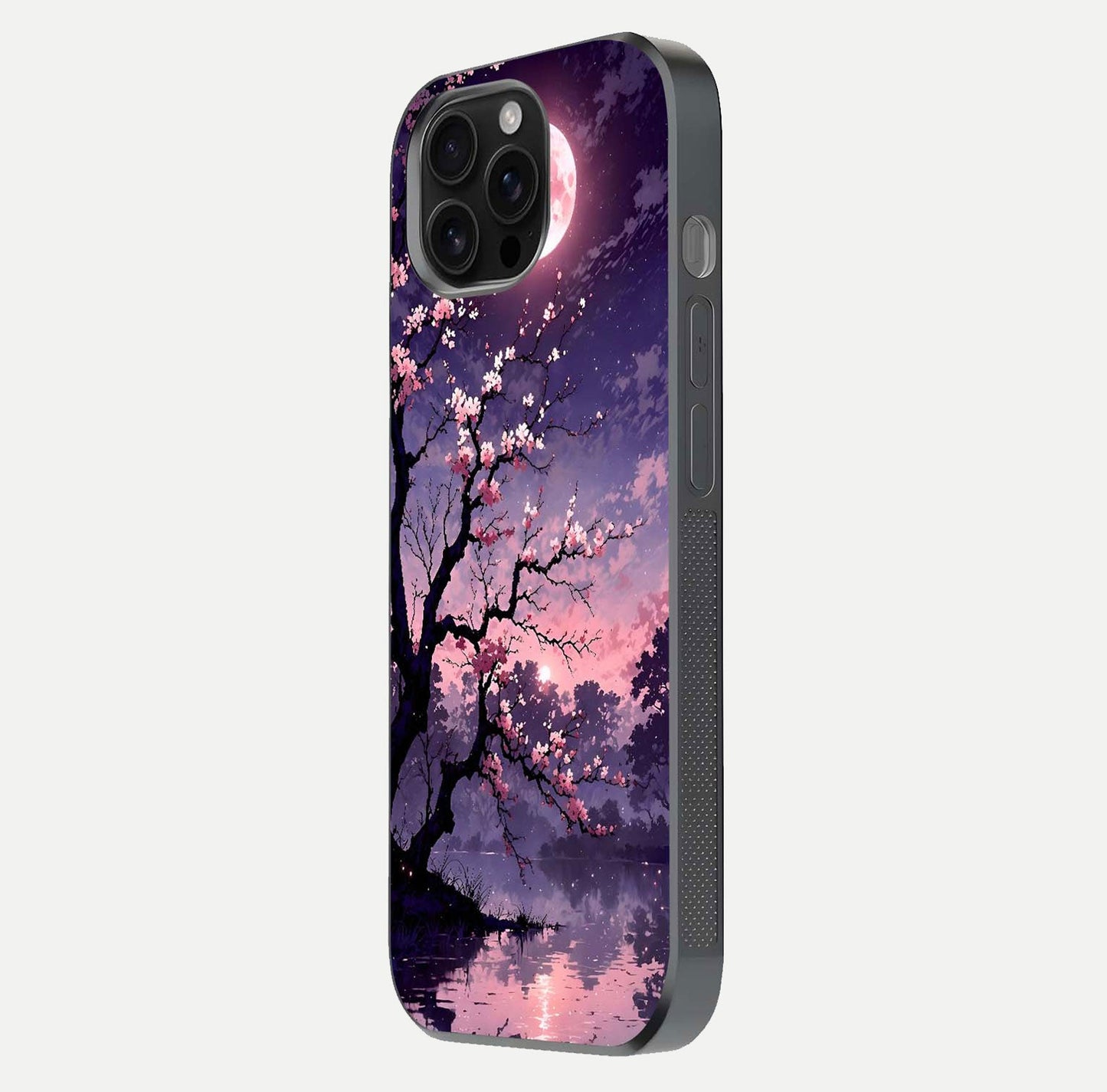 Blossom Pink Moon Glass Case for iPhone 16 Pro Max side-angle image showing glossy curve and floral-moon balance