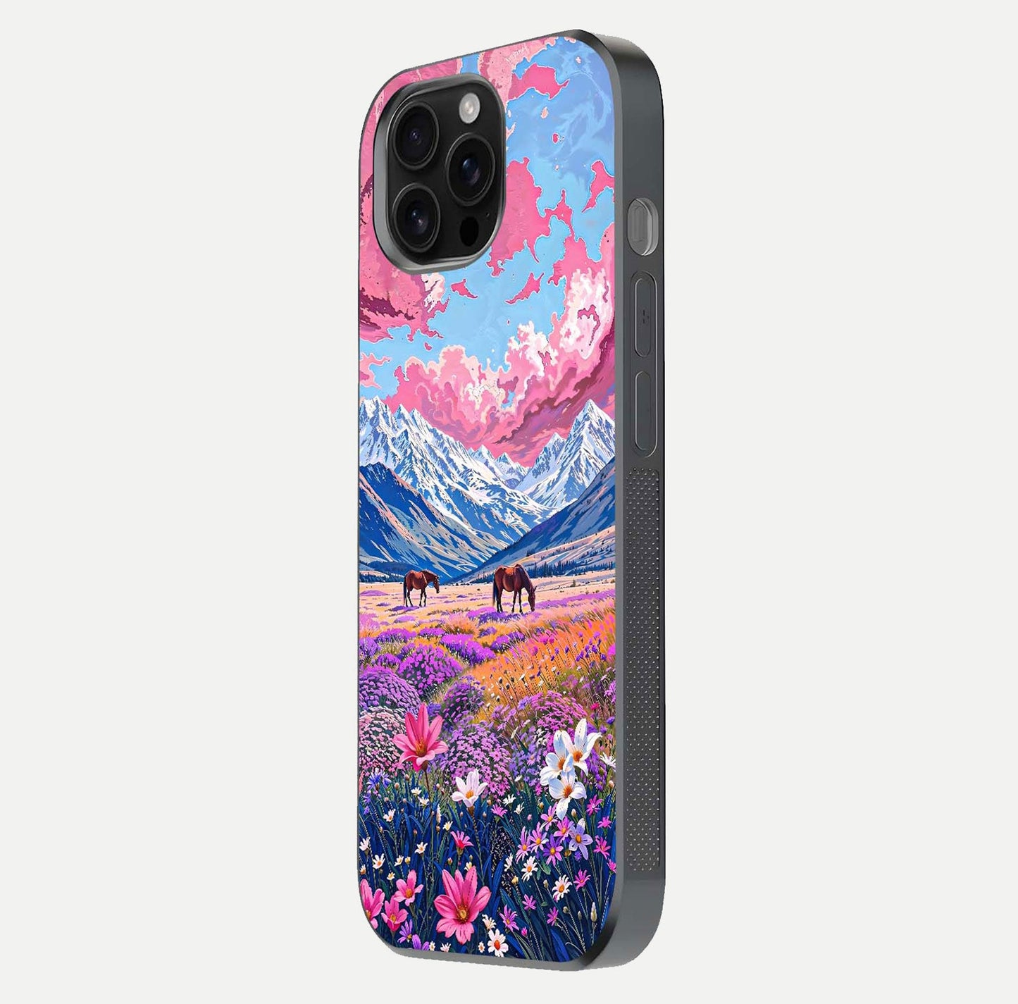 Blossom Valley Dream Glass Case for iPhone 16 Pro Max side-angle shot showcasing bloom tones and gloss texture