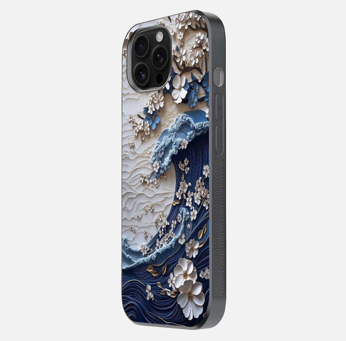 Blossom Wave Art Glass Case for iPhone 16 Pro Max side-angle view showing wave-flow print and gloss edge finish
